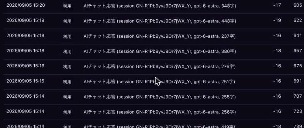クレジットの明細。日付・モード・文字数・増減・残高が並ぶ